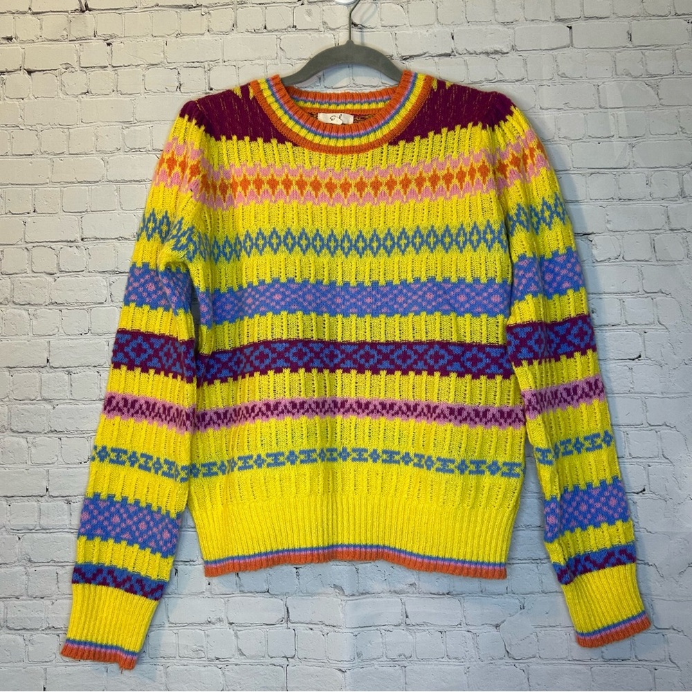 Easel Yellow Crew Neck Sweater Fair Isle Size Medium